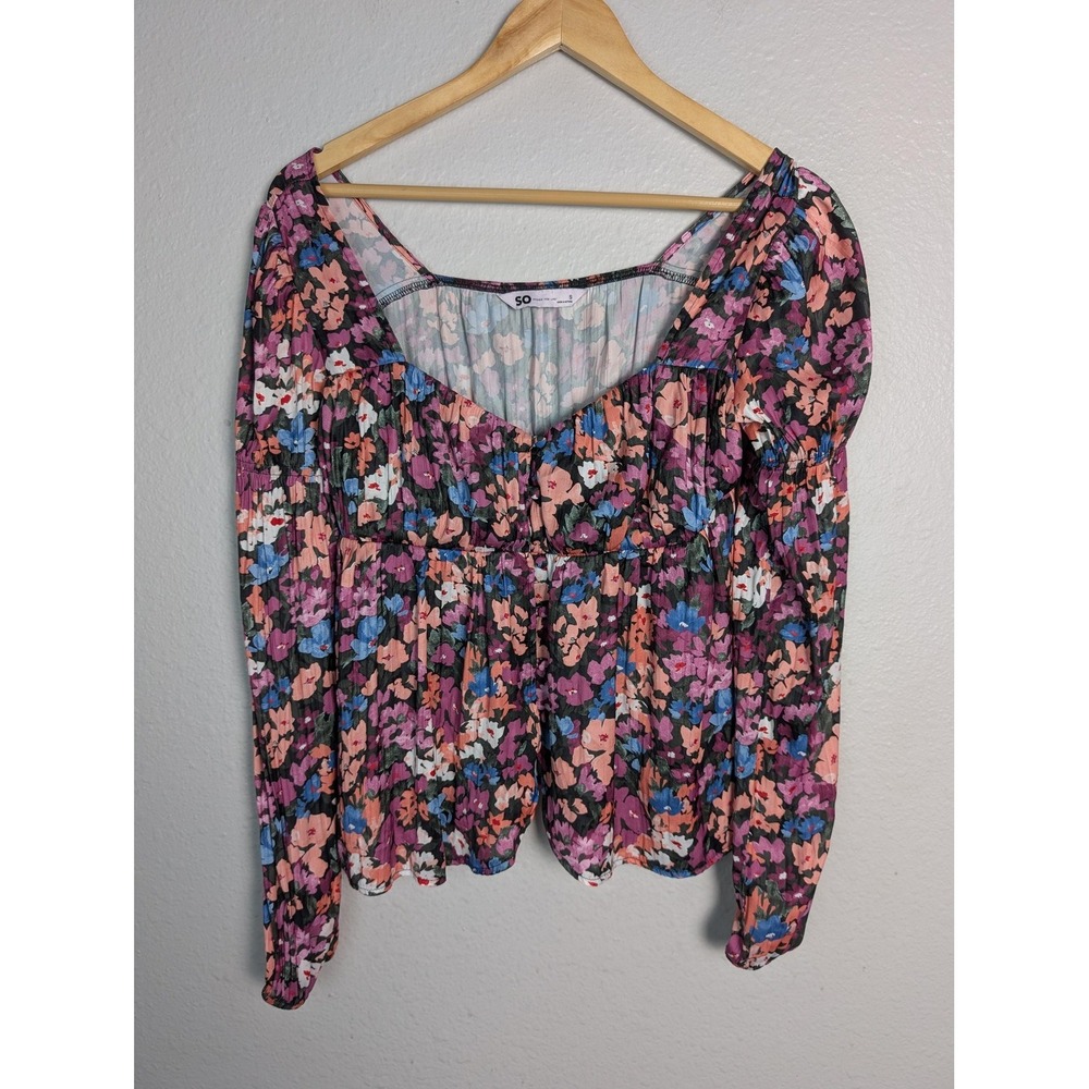 SO Floral Puff Sleeve Scoop Neck Blouse Top Juniors S Multicolor Elastic Waist